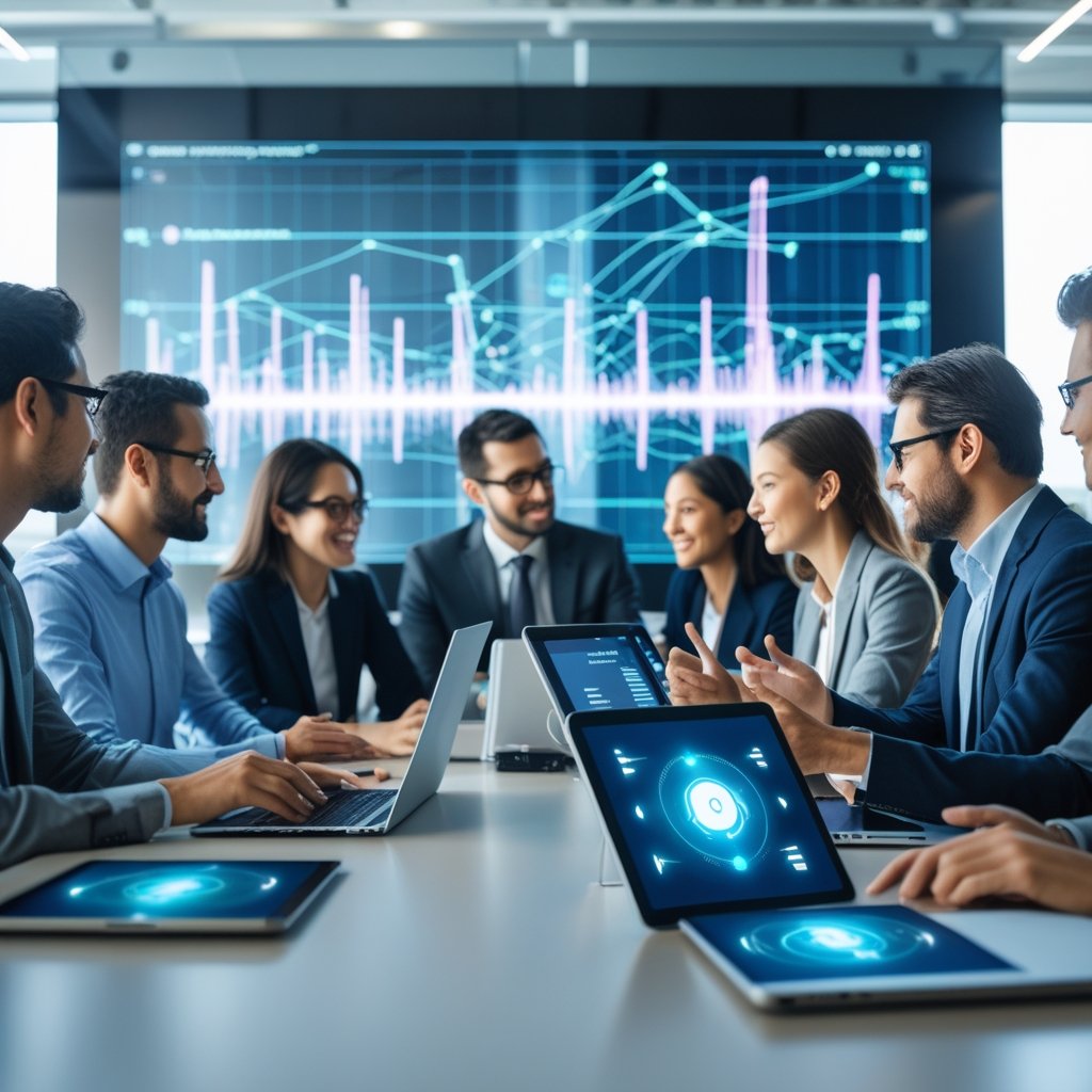 A group of business professionals discussing around a conference table with digital devices showing voice data and AI visualizations in a modern office.